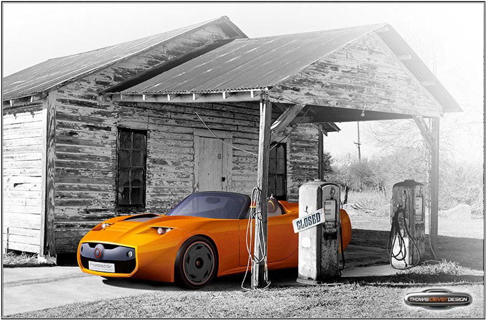 Der Elektro Roadster braucht keinen fossilen Brennstoff. Deshalb musste dies Tankstelle schließen.